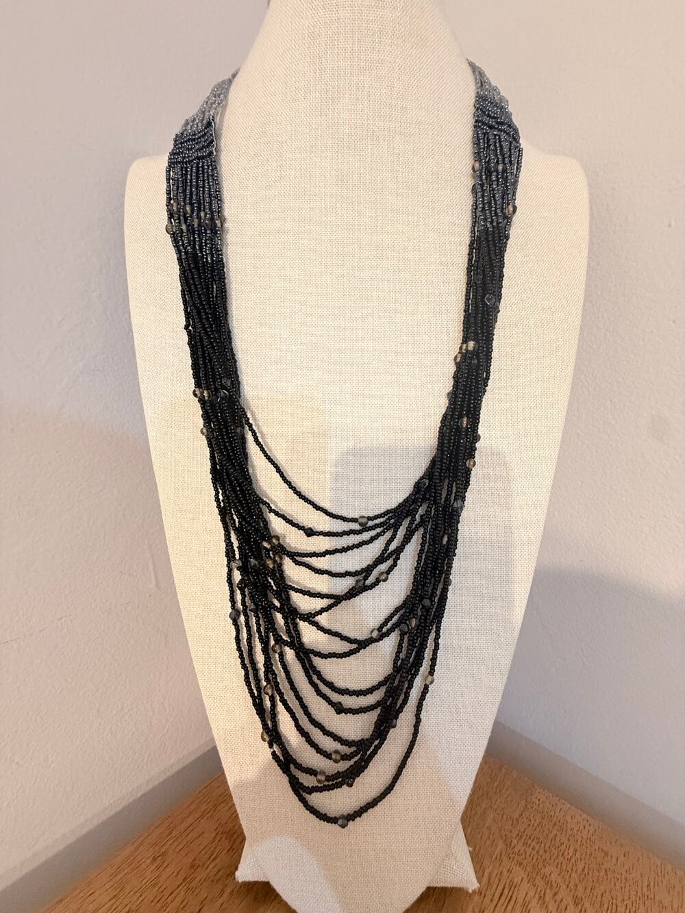 Vintage Black Multi Strand Seed Bead Waterfall Necklace 28”